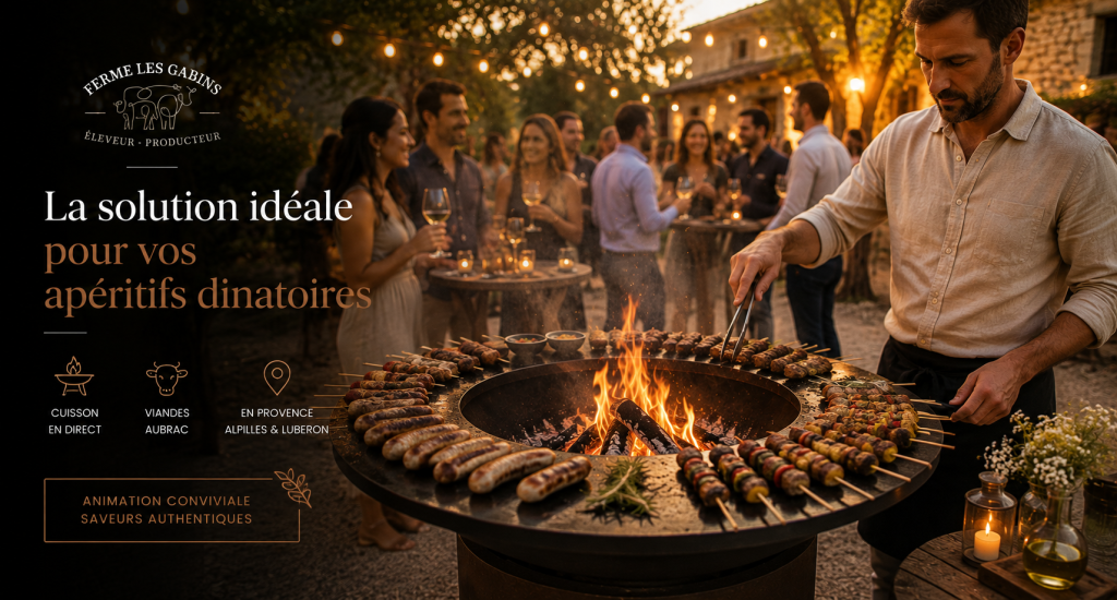 Apéritif dînatoire autour d'un brasero avec mini brochettes, saucisses artisanales et viandes Aubrac grillées devant les invités lors d'une prestation traiteur en Provence.