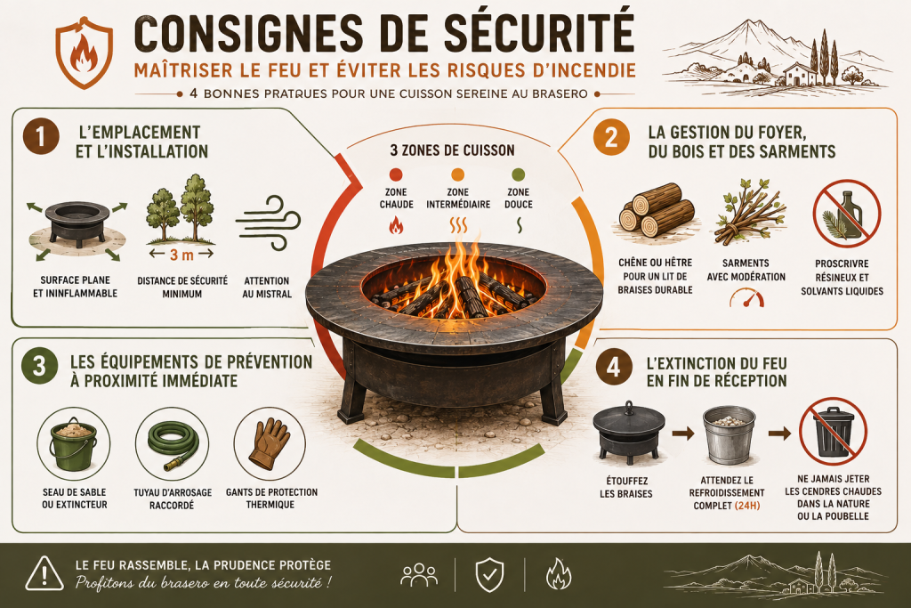 Schéma illustrant les bonnes pratiques d'utilisation d'un brasero : emplacement, gestion du feu, équipements de prévention et extinction complète des braises.