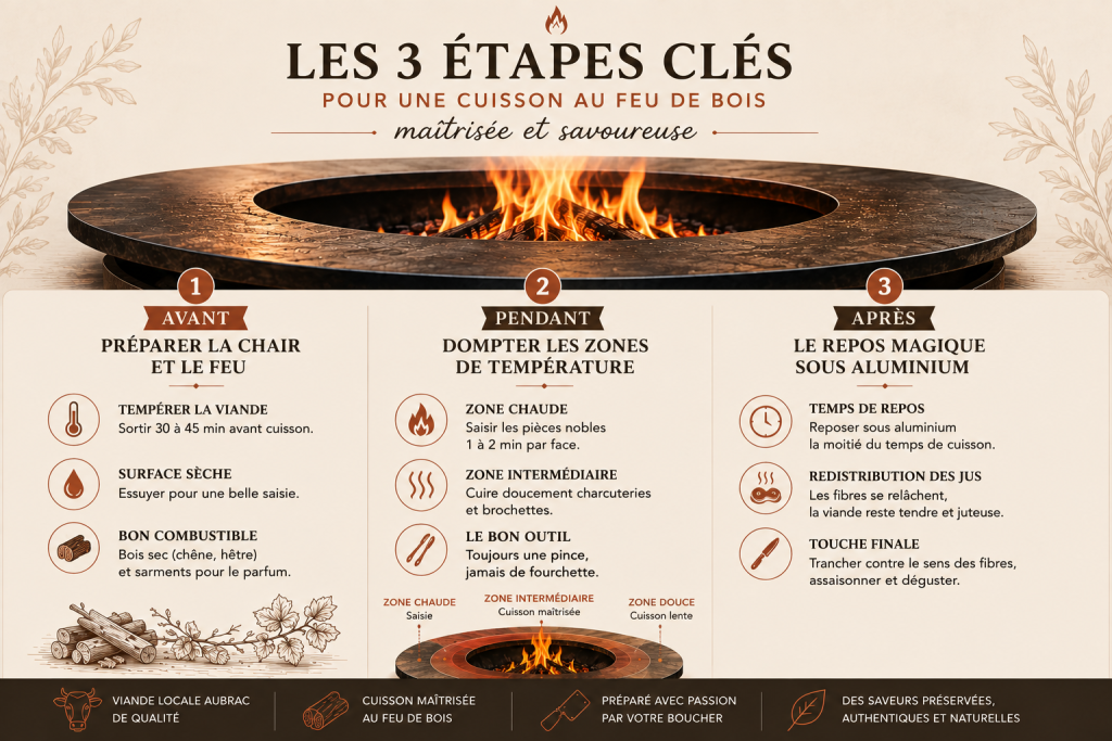 Infographie présentant les trois étapes d'une cuisson réussie au brasero : préparer le feu, maîtriser les zones de chaleur et laisser reposer la viande avant de servir.