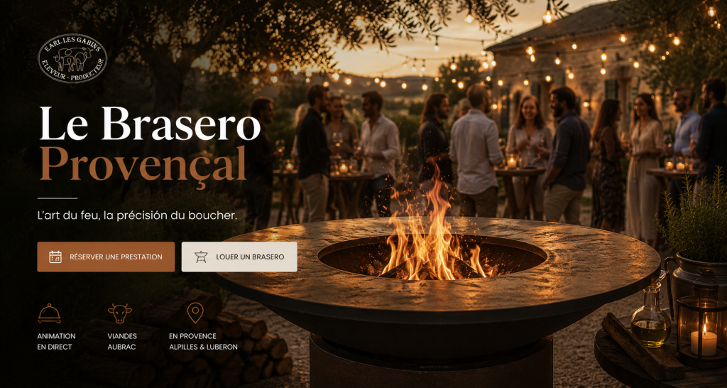 Brasero allumé lors d'une réception à proximité de Saint Rémy de Provence avec ambiance apéritive, animation culinaire autour du feu de bois par la Ferme Les Gabins.