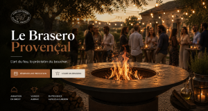 Brasero allumé lors d'une réception à proximité de Saint Rémy de Provence avec ambiance apéritive, animation culinaire autour du feu de bois par la Ferme Les Gabins.